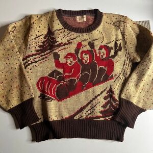 Vintage Montgomery Ward Kids Wool Toboggan Sledding Sweater Brown Red 50s‎ 40s